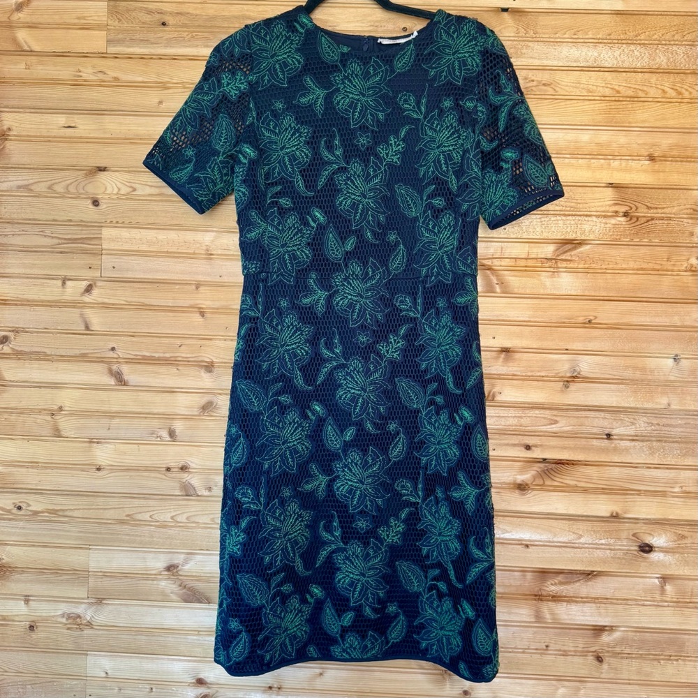 Tory Burch Lace Appliqué Fishnet Sheath Dress Midi Sz 6 Quiet Luxury Ofc Evening
